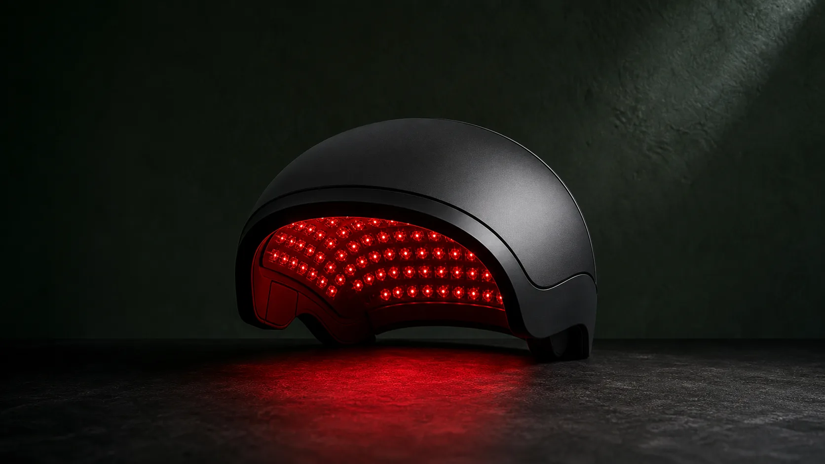 A laser hair-growth helmet in use at home, red diodes lit