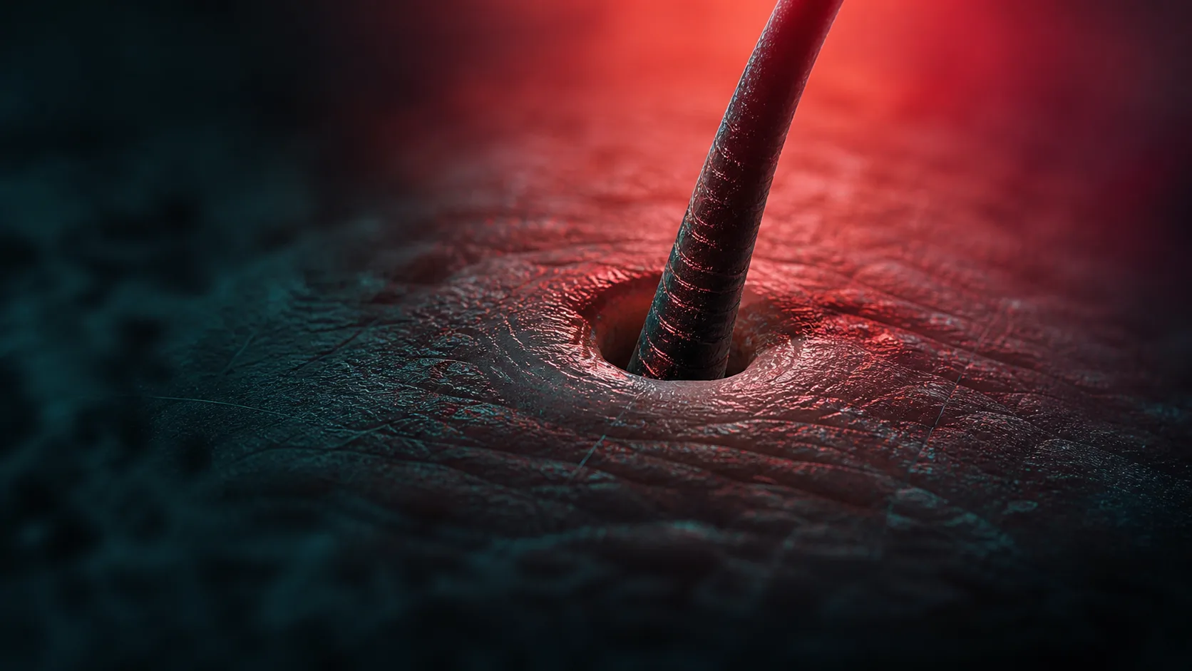 Macro photograph of a hair follicle in the scalp under red light