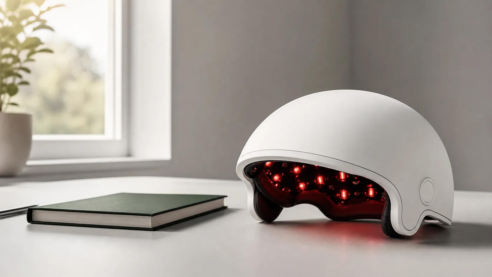 A laser hair-growth helmet with its red diodes lit, resting on a desk in morning light