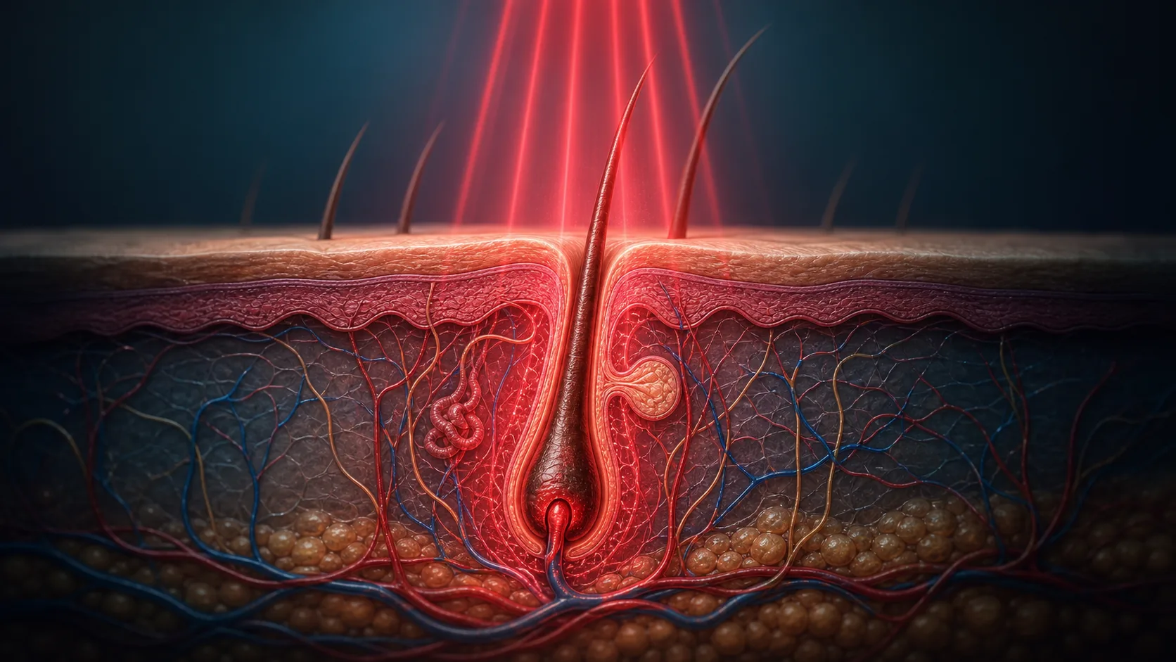 Macro photograph of a hair follicle under red light, clinical microscopy aesthetic