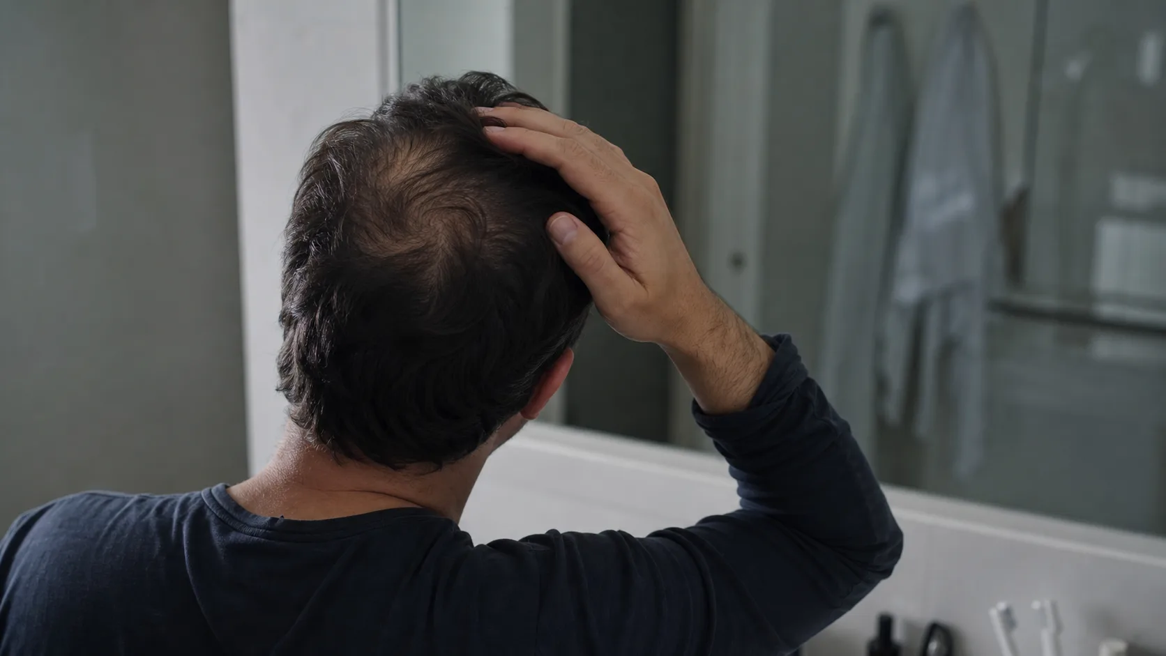 A man examining thinning hair at his crown in a bathroom mirror in the early morning