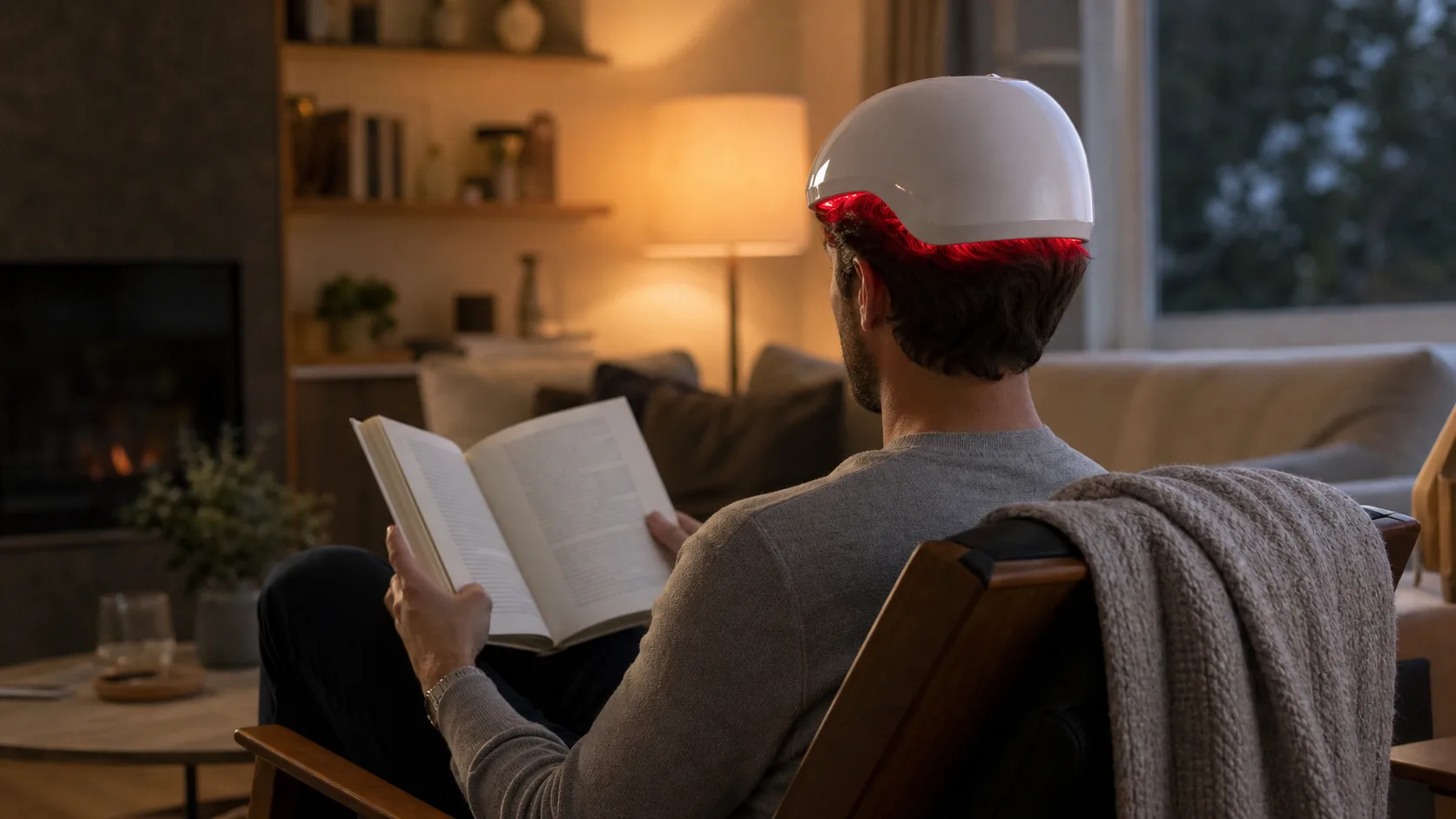 A man at home wearing a laser hair-growth helmet with red light glowing, reading a book