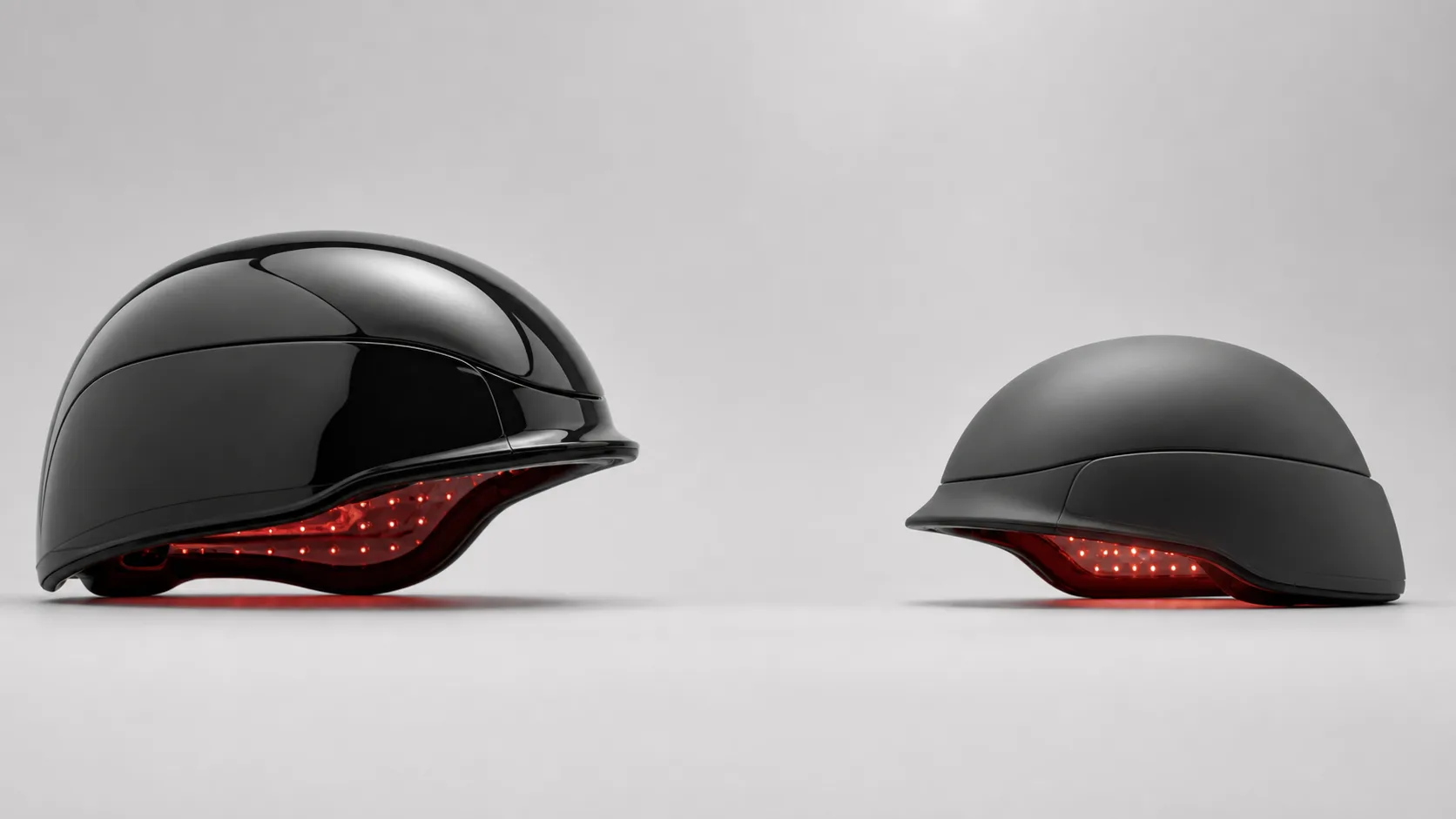 A rigid laser helmet beside a soft laser cap and a handheld laser band