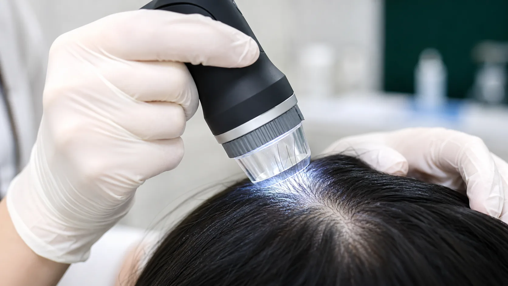 A clinician examining a woman's scalp with a trichoscope during a hair-loss assessment