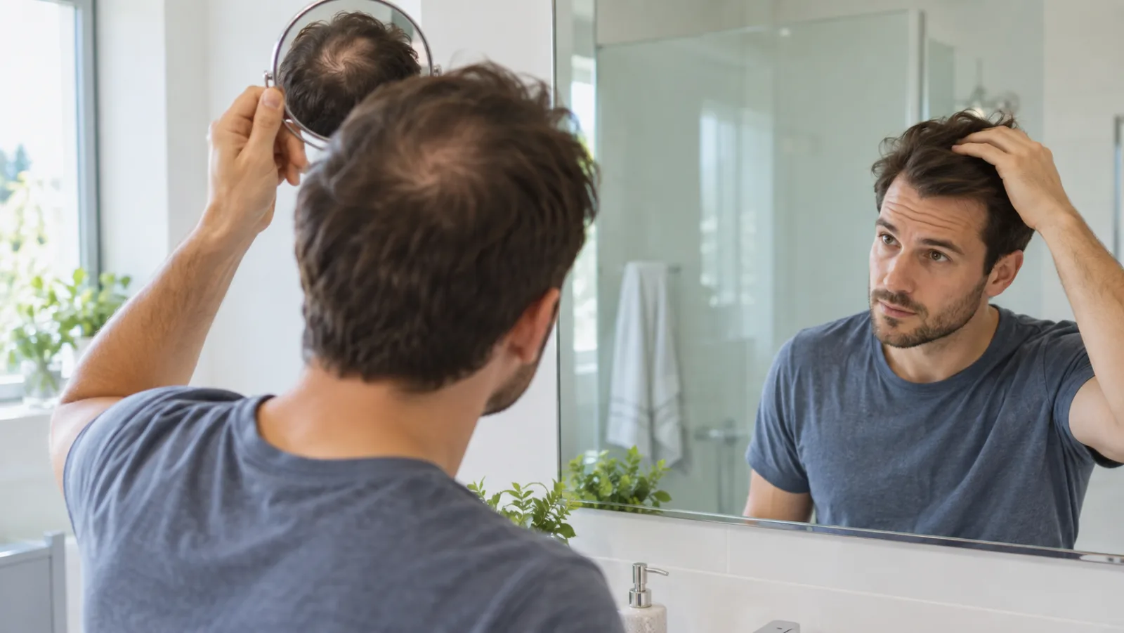 A man in a bright bathroom holding a hand mirror to check thinning at the crown of his head