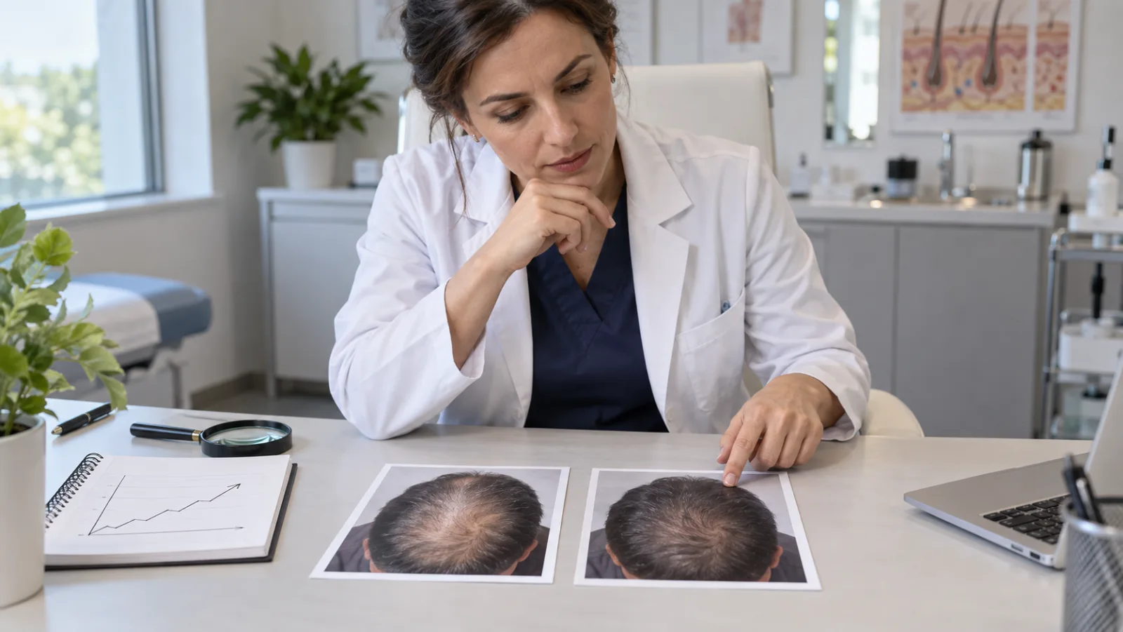 A dermatologist comparing two close-up photographs of the top of a scalp with a hand magnifier