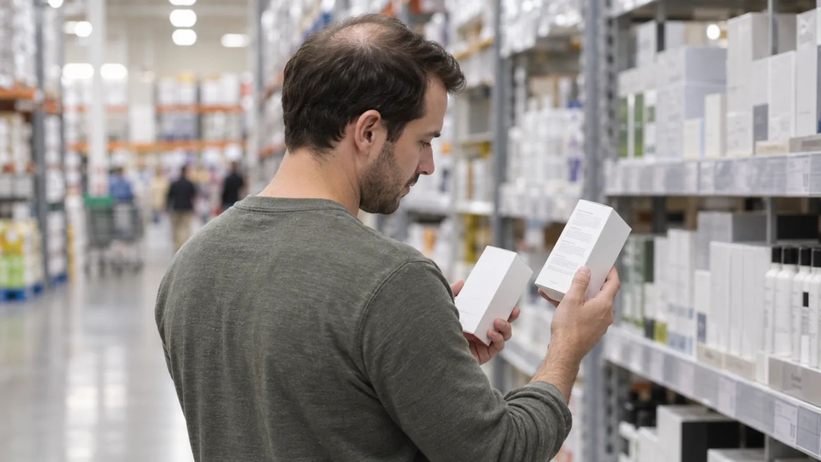 A man with thinning hair at the crown comparing two plain cartons of hair regrowth treatment in a warehouse store aisle