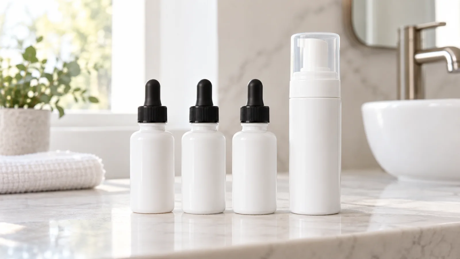 Three identical plain white dropper bottles of minoxidil solution beside a white foam canister on a bathroom counter
