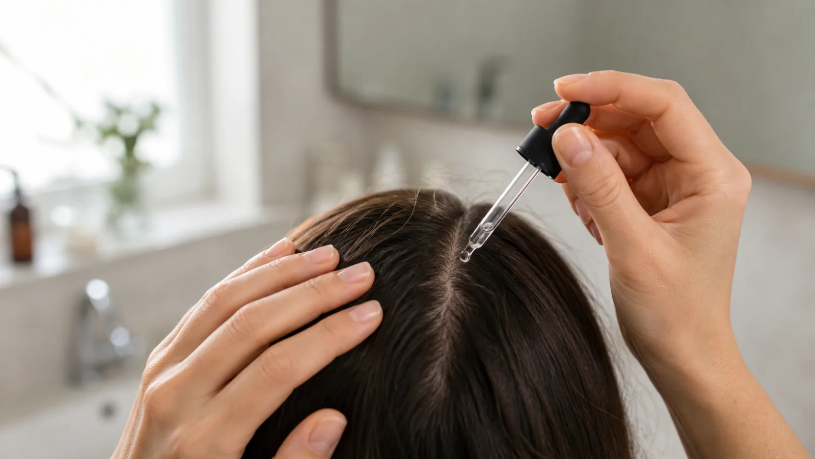 A woman applying minoxidil solution with a dropper along her scalp part line
