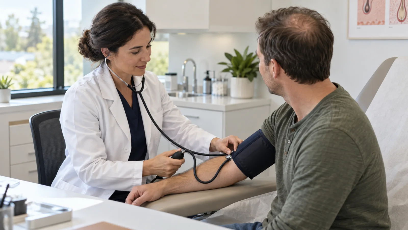 A clinician measuring blood pressure on a man with thinning hair at the crown during a clinic visit