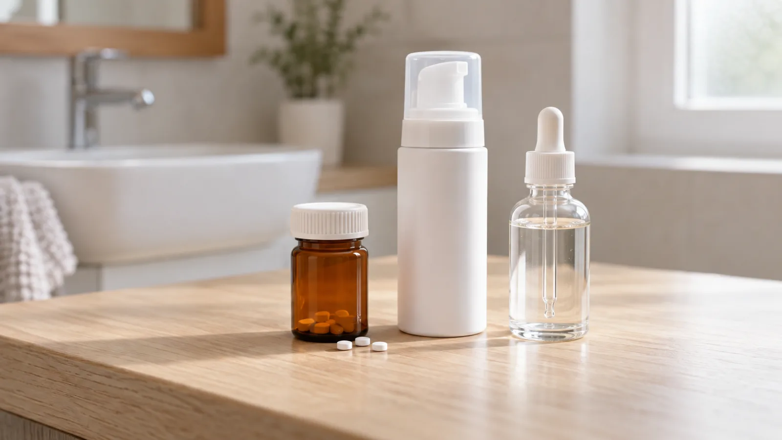 An amber bottle of small tablets beside a white foam canister and a dropper bottle of clear solution on a bathroom counter