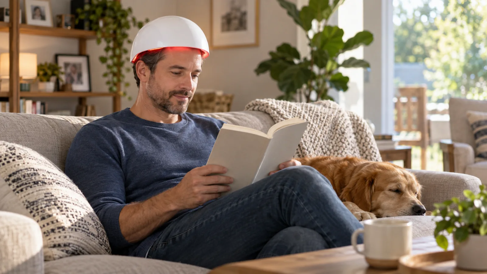 A man with thinning hair reads on his sofa at home while wearing a white laser hair-growth helmet with a faint red glow
