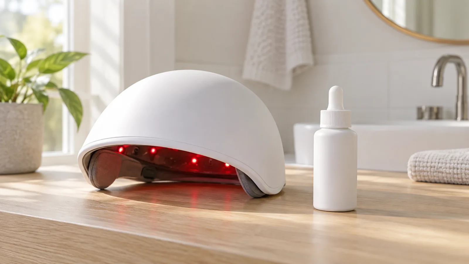A white laser hair-growth helmet glowing red inside its rim beside a plain white dropper bottle of minoxidil on a wooden bathroom counter