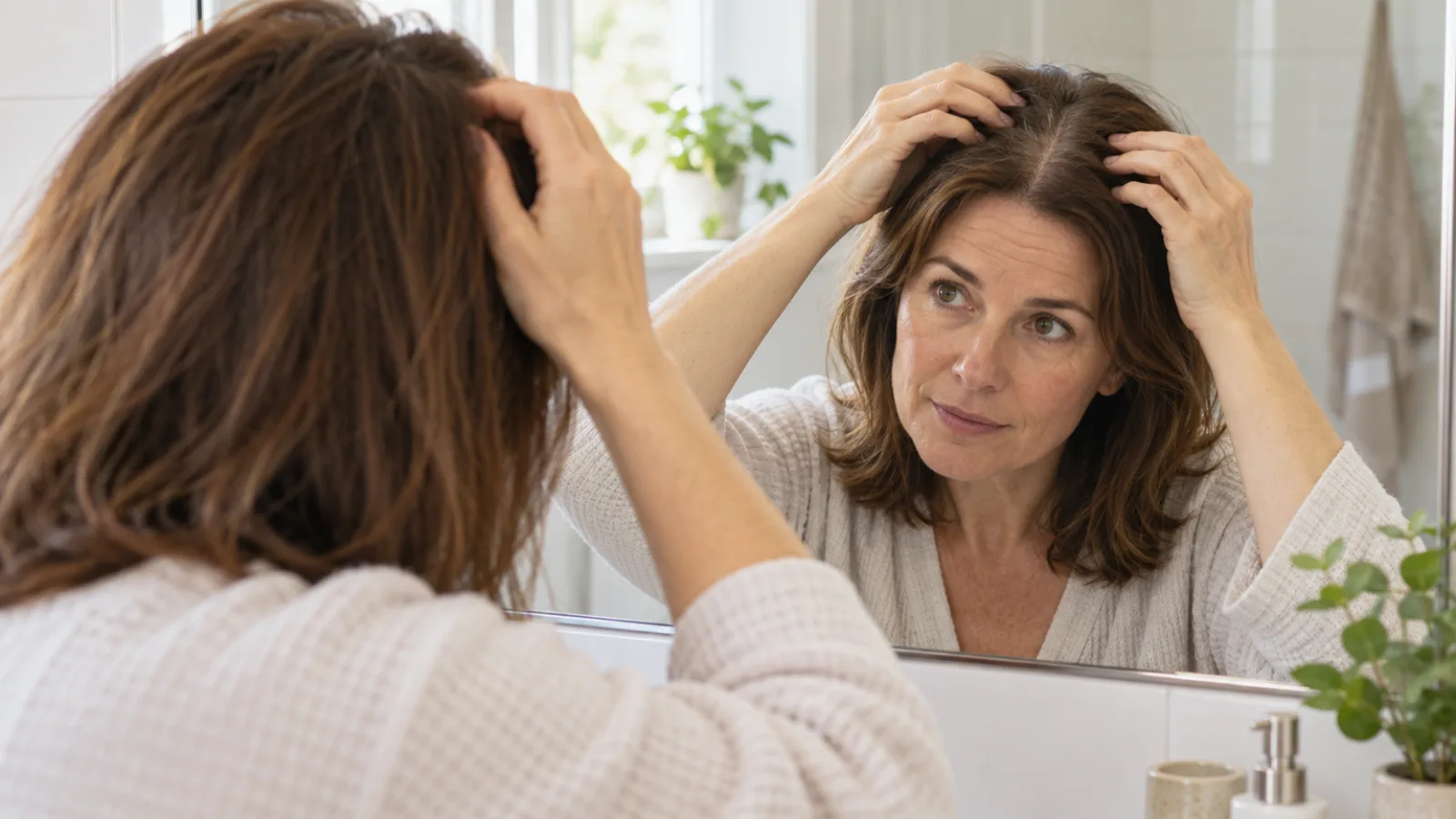 A woman in her forties parting her hair in a bathroom mirror to check a widening part line