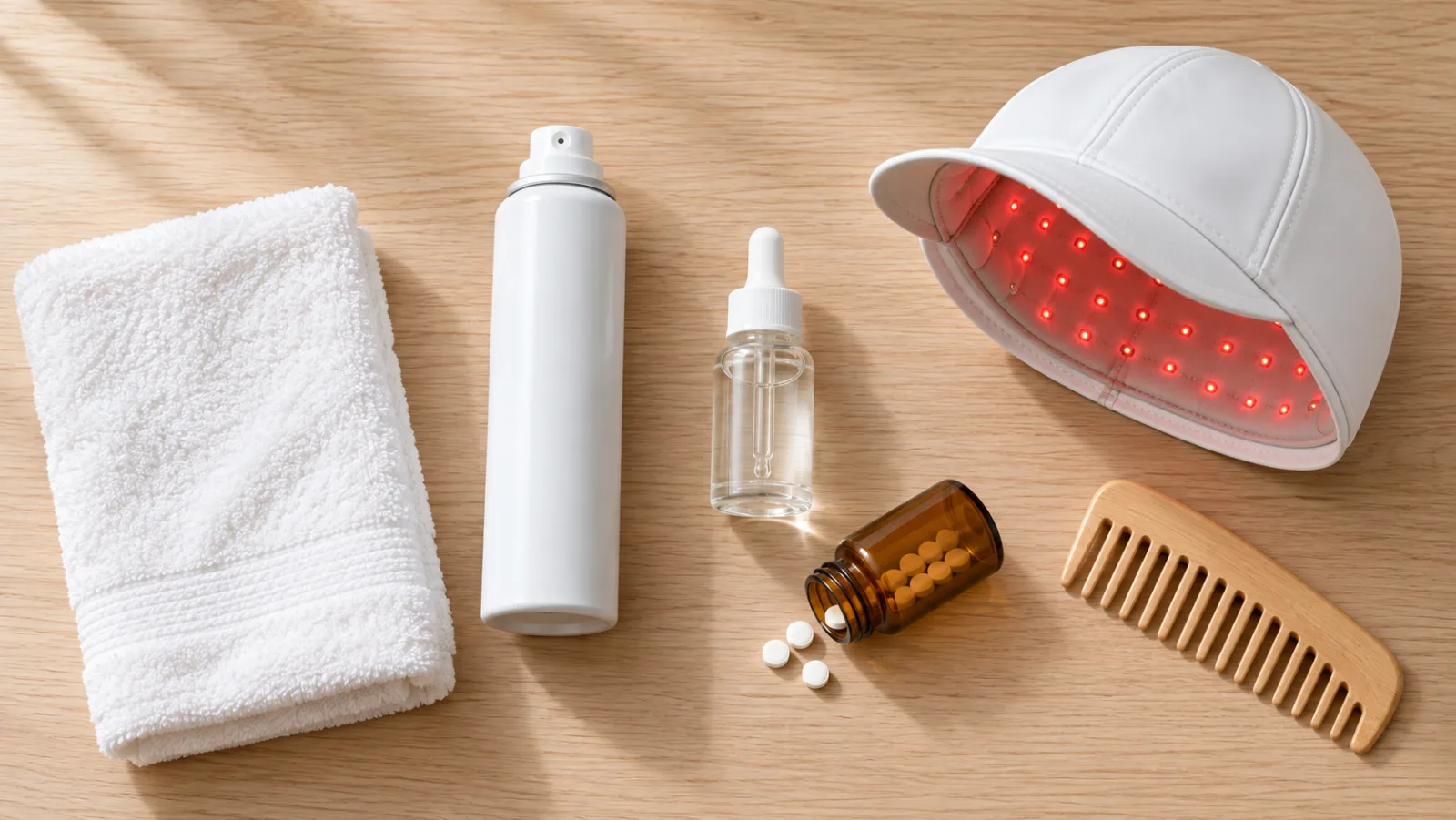 Hair loss treatment options for women laid out on a bathroom counter: a foam canister, a dropper bottle, a pill bottle and a red light laser cap