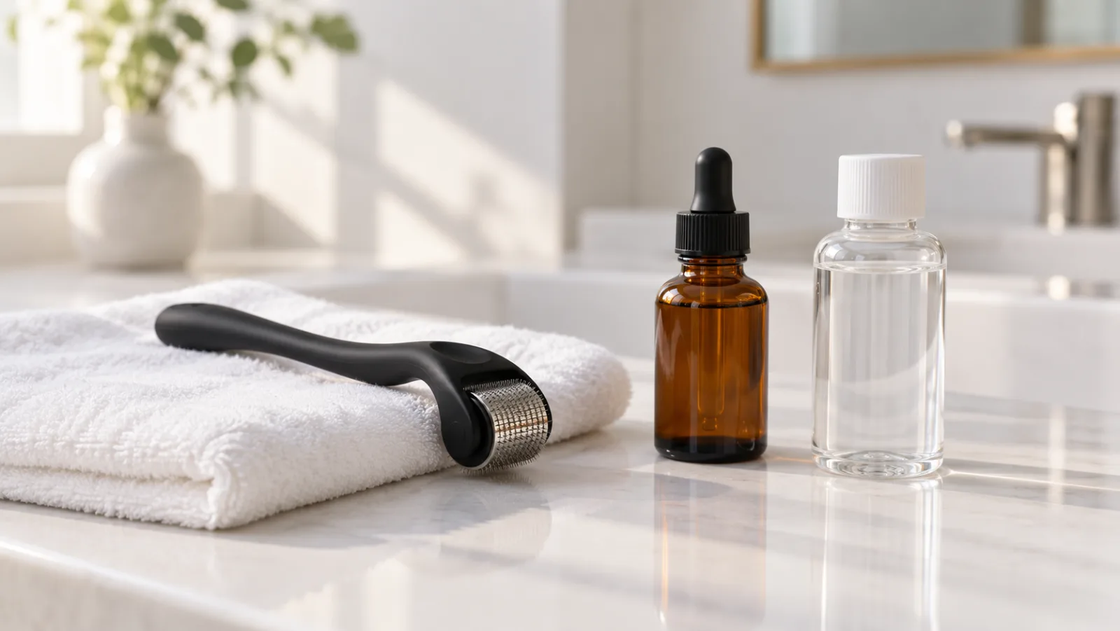 Black-handled derma roller on a folded white towel next to an amber dropper bottle and a clear bottle on a bathroom counter