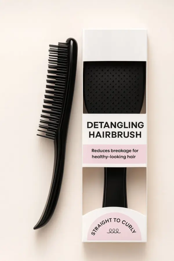Black detangling hairbrush with flexible two-length bristles lying beside its white and pink retail box