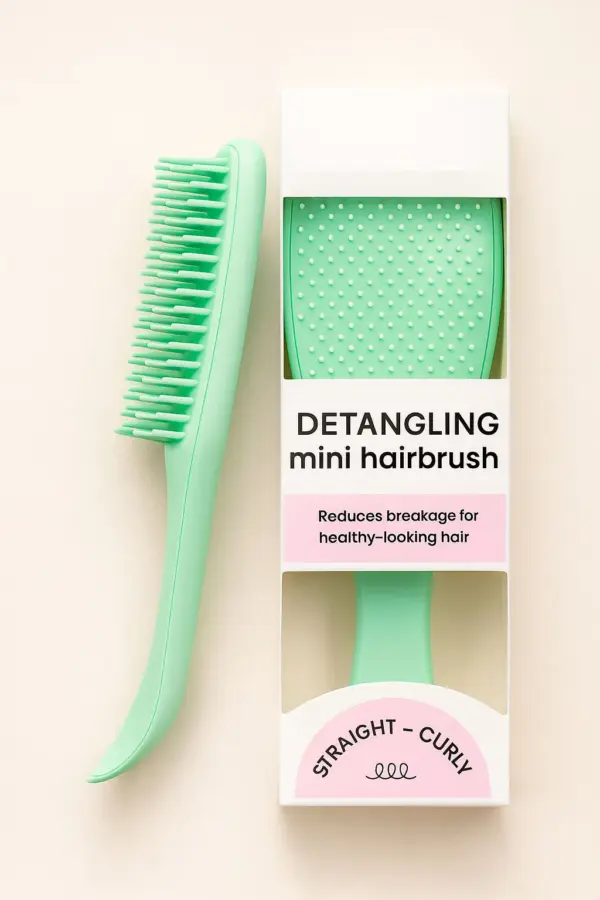 Mint green mini detangling hairbrush next to its white and pink box marked straight to curly