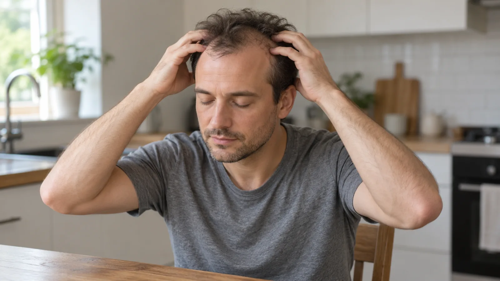 A man with receding temples sits at a kitchen table, eyes closed, pressing his fingertips into his scalp above both ears