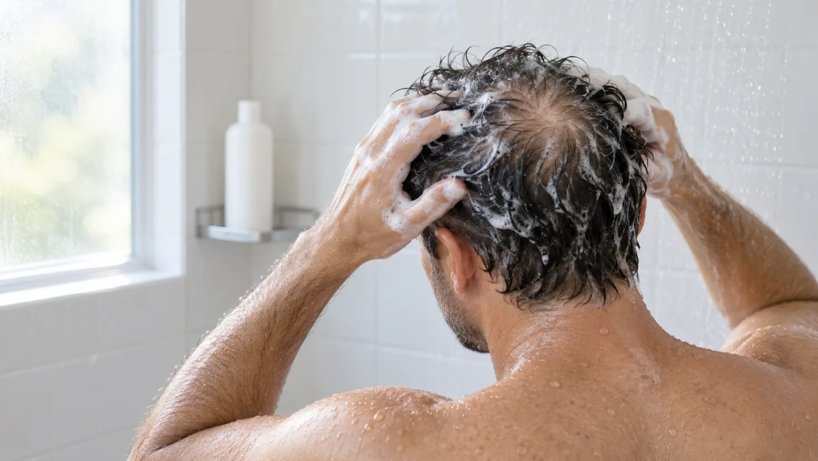 Man seen from behind lathers shampoo into thinning hair at his crown in a white-tiled shower, plain bottle on a shelf