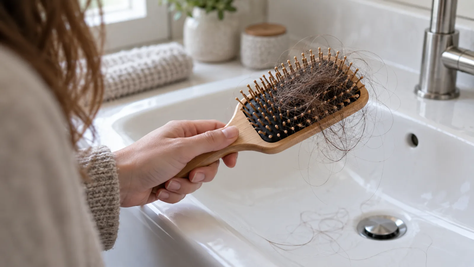 Woman's hand holds a wooden paddle brush with a clump of shed brown hair over a white sink, loose strands near the drain